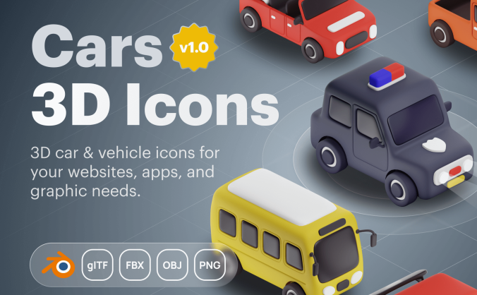 10个风格可爱的汽车和交通工具3D图标素材包