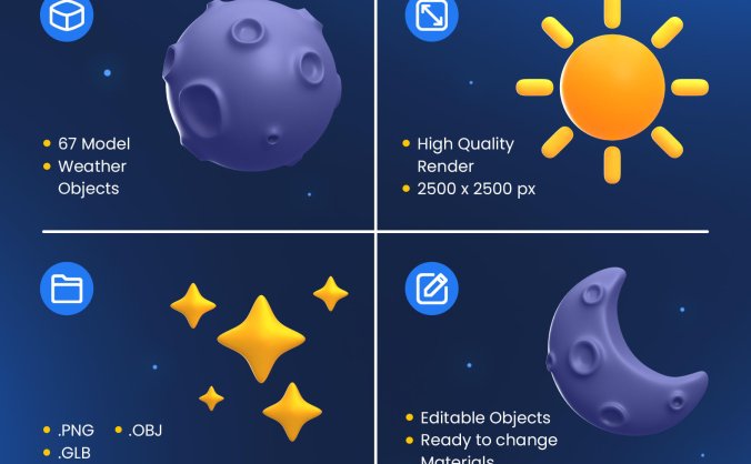 67个天气晴天雨天下雪天主题3D插画素材包