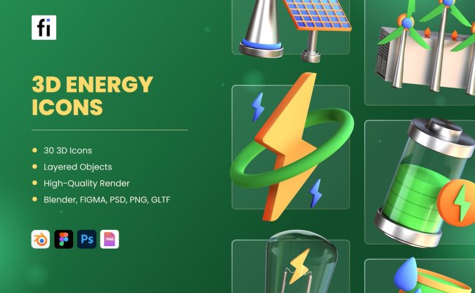绿色新能源主题3D能量图标素材包（FIG,PNG,PSD,blend）