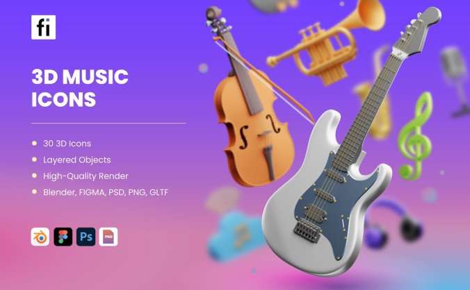 一套3D音乐乐器主题图标素材包（FIG,PNG,PSD,blend）