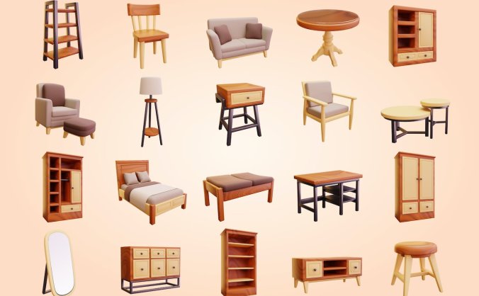20个充满细节的3D家具元素图标素材包（PNG,blend）