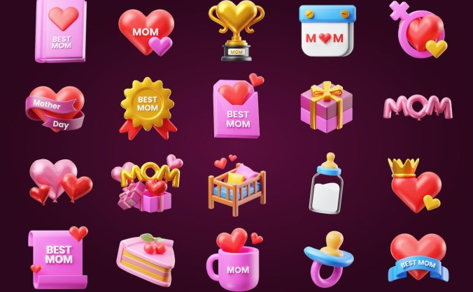 3D母亲节元素图标素材包(PNG,gltf,Blend)