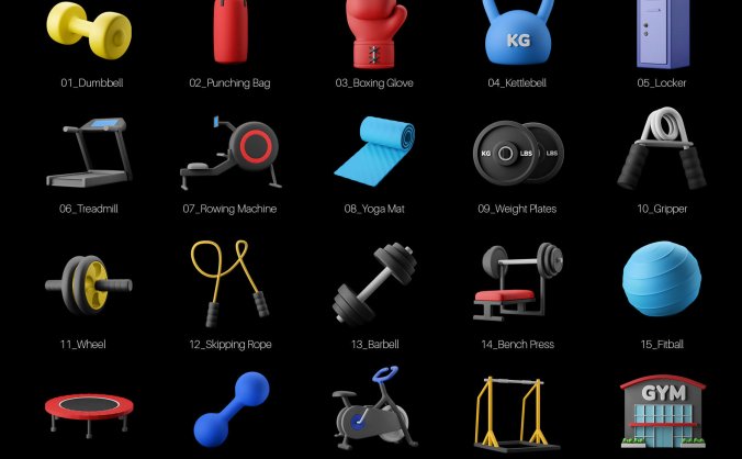 20个风格酷黑的健身器材主题3D图标素材包