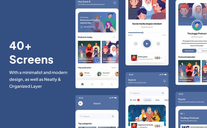 40个高级蓝播客主题APP UI界面素材包