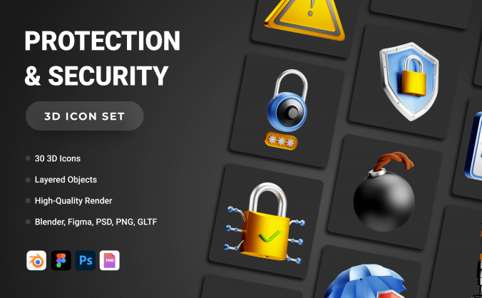 30个网络安全相关的3D图标素材包（Blender）