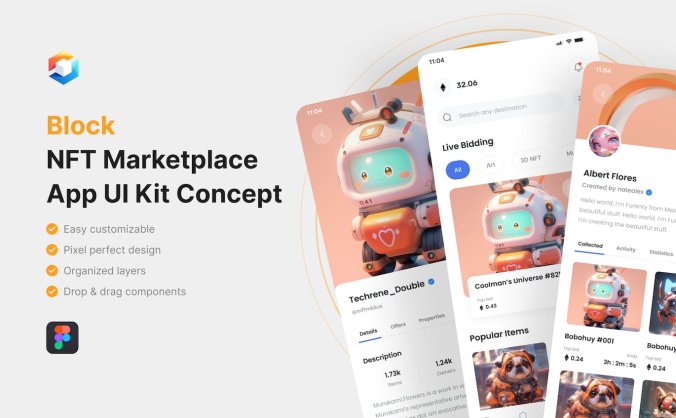 带卡通IP区块链NFT市场应用APP UI界面素材包（Figma）