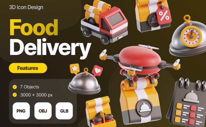 7个送餐3D插画图标素材包（PNG,OBJ）