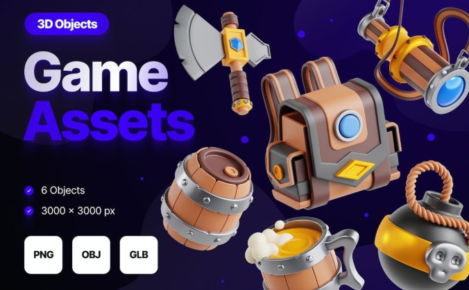 6个游戏主题3D图标素材包(PNG,OBJ)