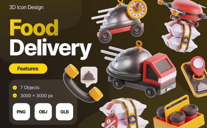 7个送餐主题3D图标素材包（PNG,OBJ）