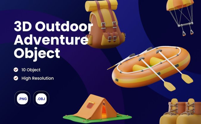 10个户外探险主题3D图标素材包(PNG,OBJ)