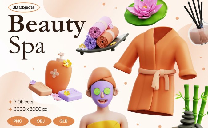7个美容Spa疗养主题3D图标素材包(PNG,OBJ)