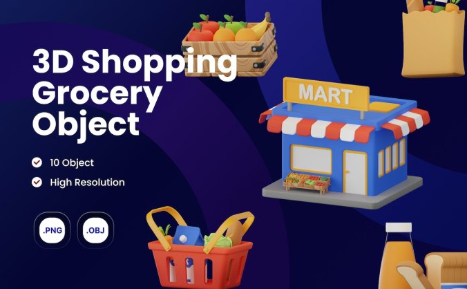 10个超多细节的3D购物图标素材包（PNG,OBJ）