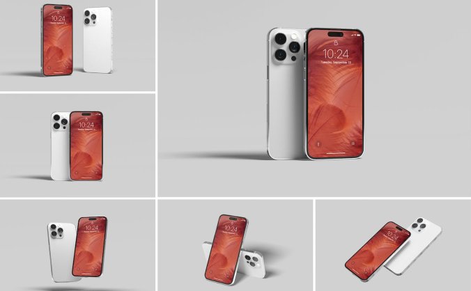 6个银色iPhone 14 Pro Max手机样机PSD素材包