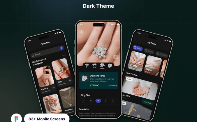 83个设计奢华的珠宝店主题APP UI界面素材包（Figma）