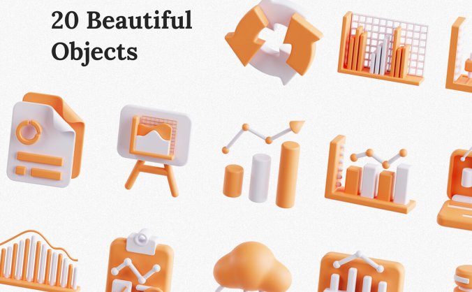 20个漂亮的橙色数据分析3D图标素材包