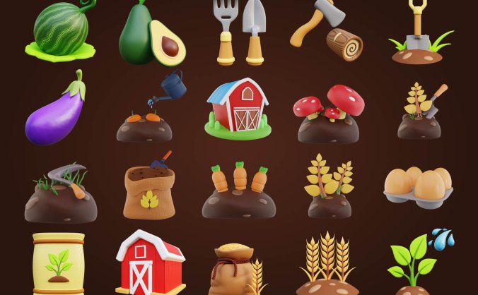 40个风格独特的农场农业主题3D图标素材包(Blender)