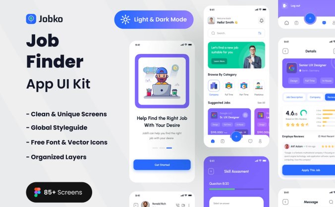 85个紫色艳丽的求职移动应用APP UI界面素材包