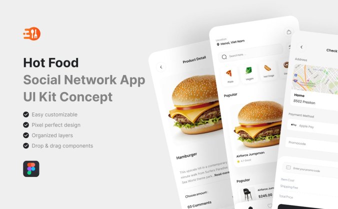 黑白简洁汉堡快餐热门食品外卖APP UI界面素材包(Figma)