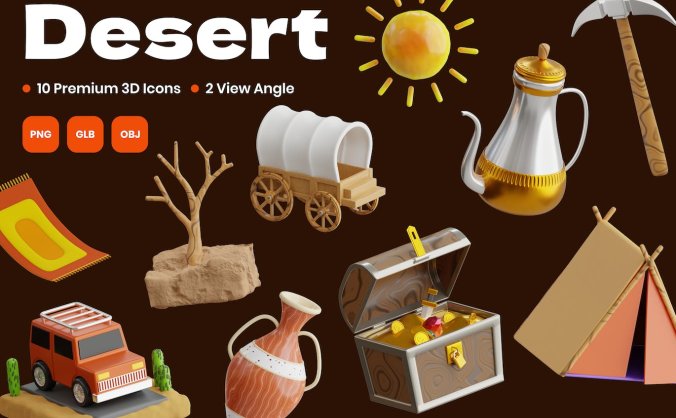 沙漠主题的3D图标素材包（OBJ）