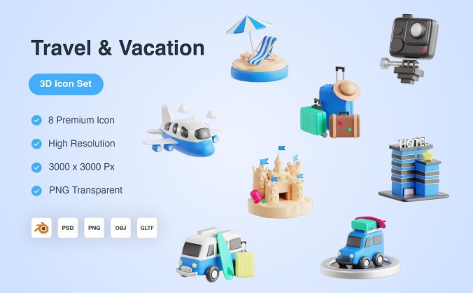 8个旅游和度假主题3D图标素材（PNG,PSD,obj,blend）