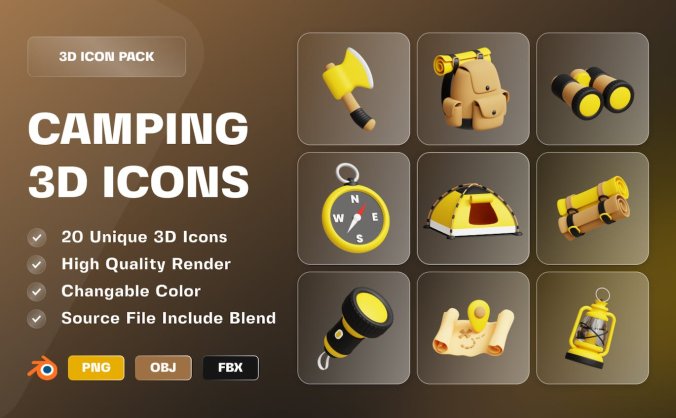 20个露营主题3D插画图标素材（PNG,fbx,obj,blend）
