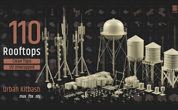 工业风十足的管道、阀门、天线、手机信号塔、烟囱、管道支架和水箱C4D素材包