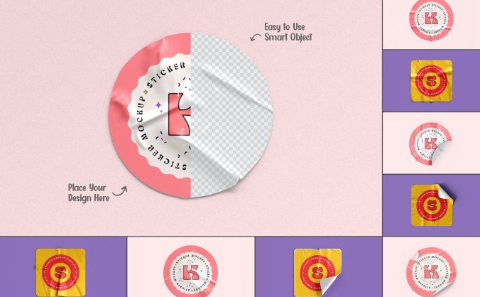 非常可爱的各种形状圆形贴纸样机PSD素材包