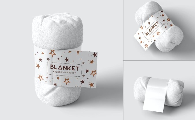 不同角度带标签折叠毯子PSD样机素材包