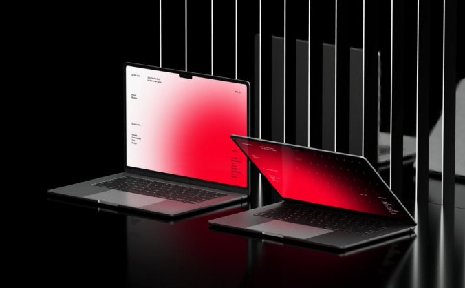 黑色场景MacBook电脑金属质感样机PSD素材包