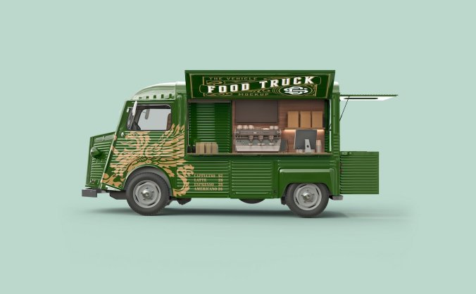 少见的打开后箱老式食品卡车PSD样机素材