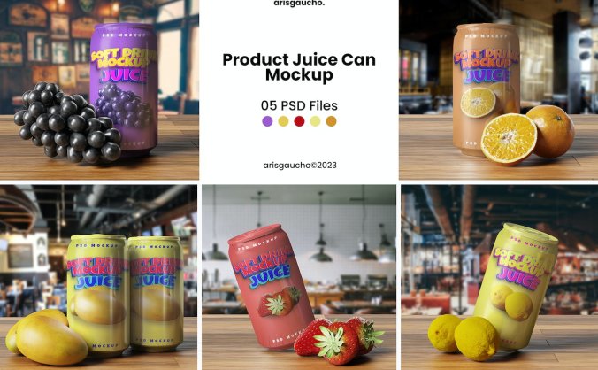 带产品真实场景果汁饮料罐PSD样机素材