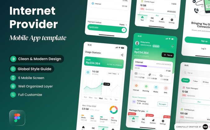 绿色互联网提供商流量计算移动APP UI界面素材包（Figma）