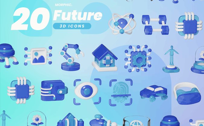 20个蓝色未来科技风3D图标素材包