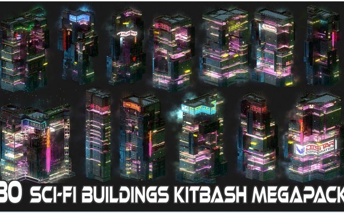 80款赛博朋克风格未来城市建筑3D模型素材包