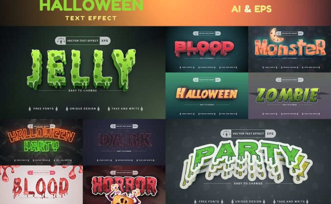 10个万圣节文本效果，AI矢量字体样式(AI,EPS)