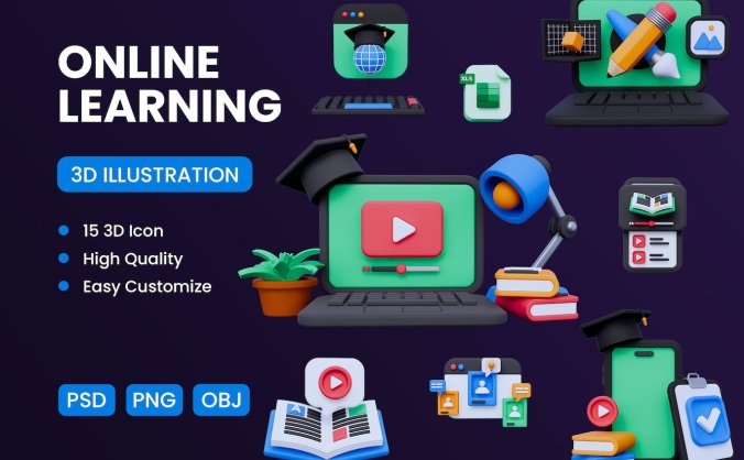 15个细节精致的在线教育学习3D图标素材包