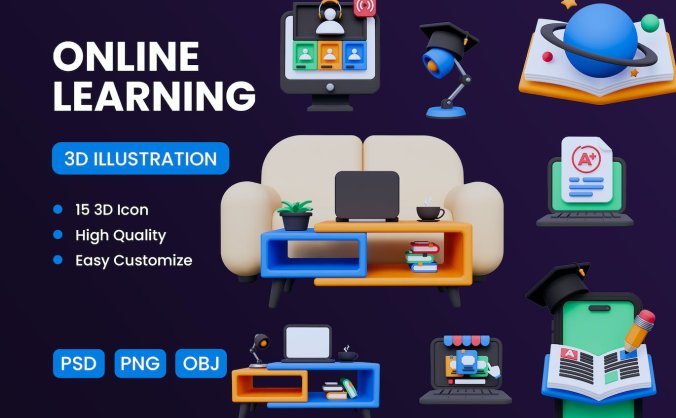 15个绿黑色彩在线教育学习的3D图标素材包
