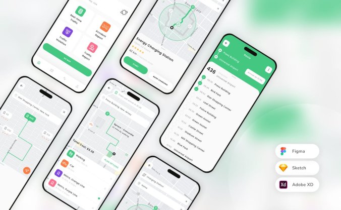 绿色交通导航移动APP UI界面素材包（SKETCH,FIGMA,XD）