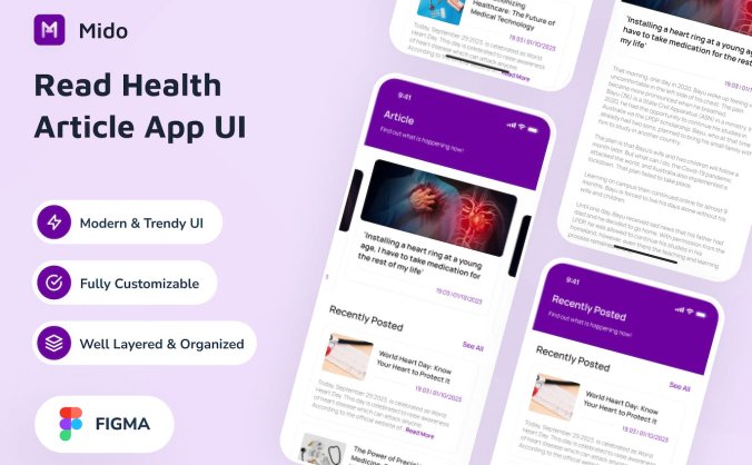 紫色健康阅读文章APP UI界面素材包(Figma)
