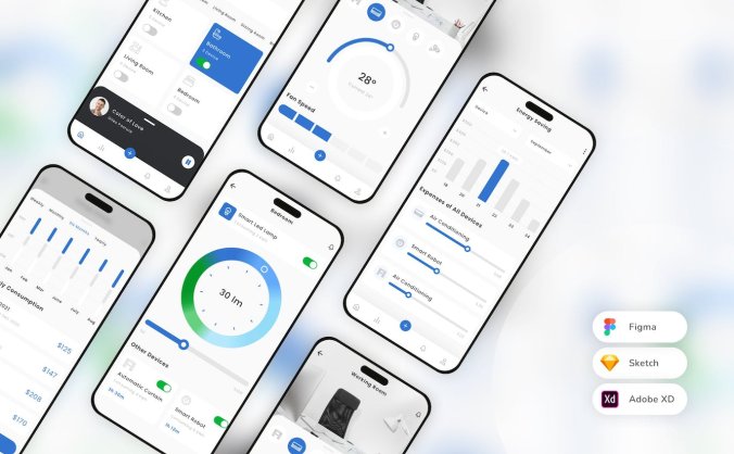 蓝色智能家居移动应用APP UI界面素材（SKETCH,FIG,XD）
