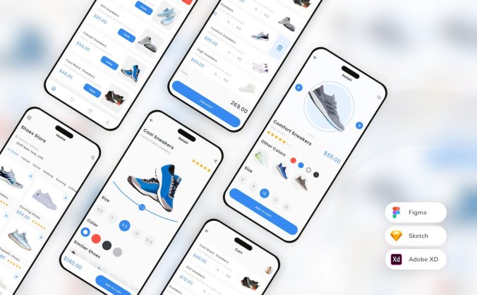 蓝色电子商务鞋店主题APP UI界面素材包（SKETCH,FIGMA,XD）