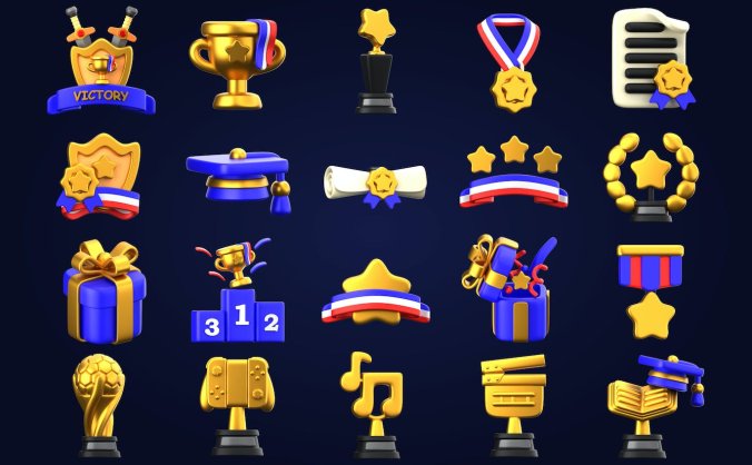 20个金色3D奖杯勋章图标素材包（PNG,Blender）