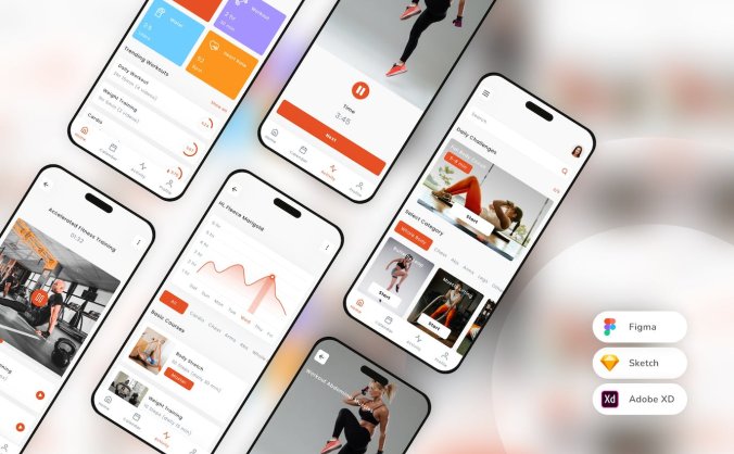 健身锻炼移动APP UI组件素材包(SKETCH,FIG,XD)