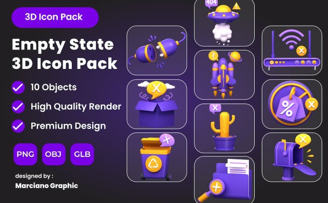 10个紫色空状态3D图标素材包