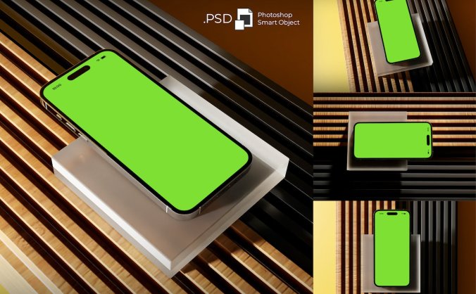 绿色倾斜iPhone 14样机PSD素材包