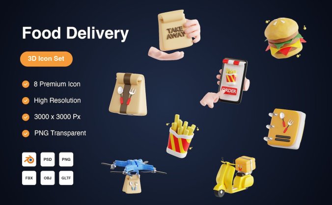 8个食品配送主题3D图标素材包