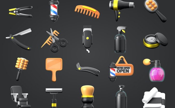 黑色理发美容主题3D图标素材包（PNG,blend）