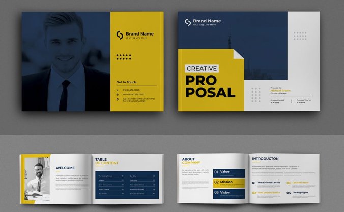 创意蓝黄方案设计画册杂志模版版式素材