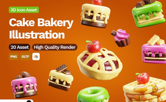 蛋糕面包元素3D插图素材包（Blender）