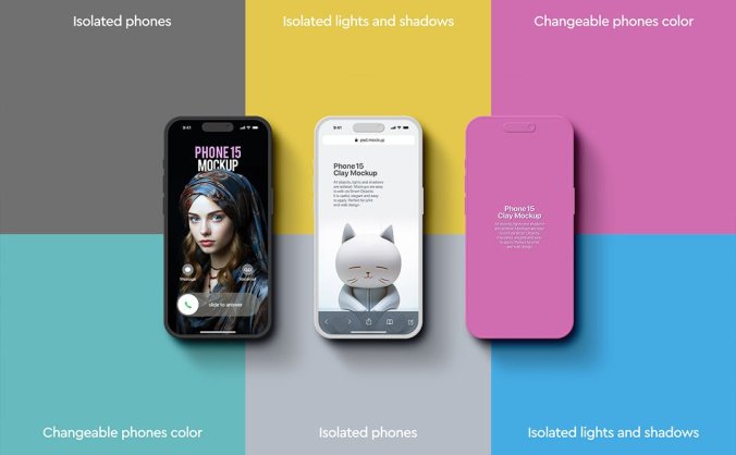 Iphone手机样机模型PSD素材包15Pro Clay